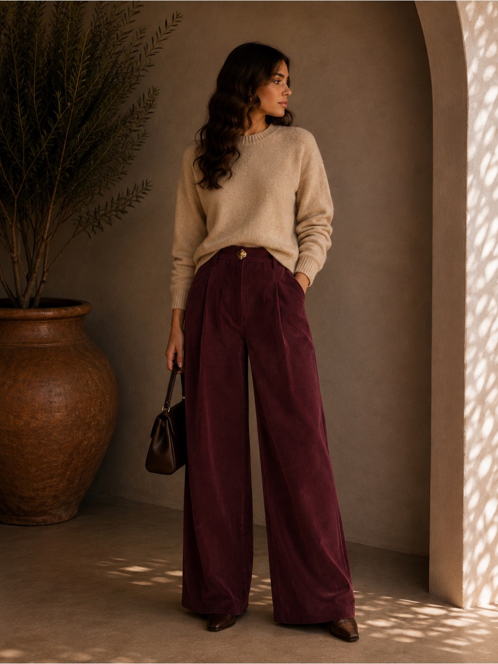 Commense Burgundy Corduroy Wide Leg Pleated Pants XS | 70s Fall Trousers